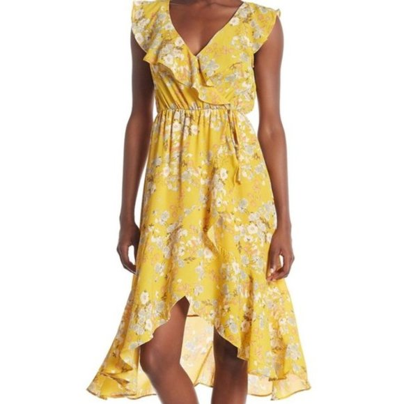 Socialite Dresses & Skirts - Socialite Yellow Floral Ruffle High Low Midi Dress Size Small